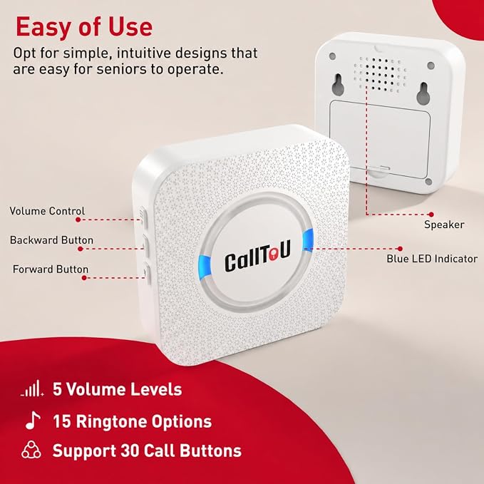 CallToU Wireless Caregiver Pager 2 Call Buttons+2 Battery-Powered Receivers | Easy Setup, Loud Whole-Home Alerts, Peace of Mind, Waterproof Call Button for Elderly, Seniors, Patients and Home Caregivers