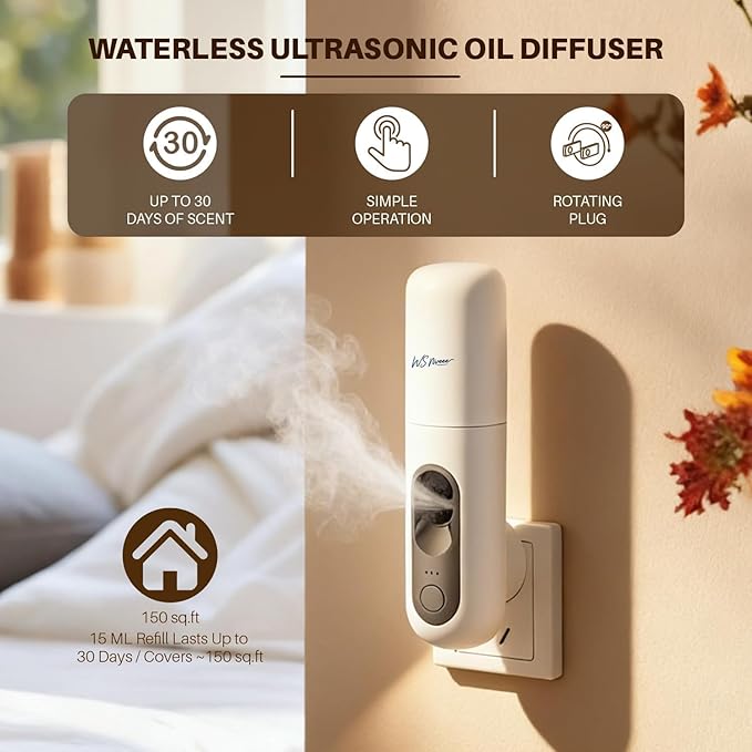 Waterless Essential Oil Diffuser for Home 161 Sqft - Plug in Waterless Diffuser Diffuser for Bedroom & Bathroom, 25dB Ultra-Quiet, Portable Wall Diffuser,Better with Pure Oil