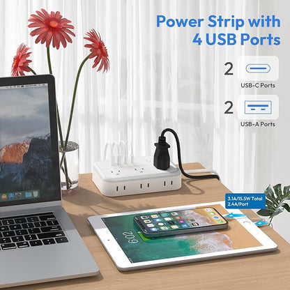 Flat Plug Extension Cord 25 ft, Power Strip, Outlet Extender with 6 Outlets 4 USB Ports, Overload Protection, Long Extension Cord with Multiple Outlets for Indoor, Home, Office, White