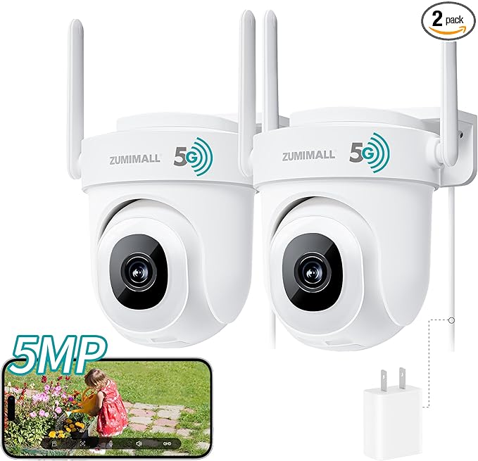 ZUMIMALL 3MP Outdoor Camera Wired 2.4G/5G WiFi - 2-Pack, 24/7 Recording, AI Motion Detection, Cloud & SD Card Storage, 2-Way Audio, PTZ Camera Auto Tracking, Compatible with Alexa Google