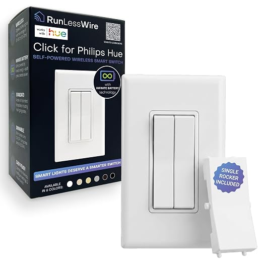 RunLessWire Click for Philips Hue Battery-Free Wireless Smart Switch White | Dimmable Kinetic Switch Pairs Natively to Philips Hue Bridge, 4 Programmable Buttons to Control Scenes & Areas, 100ft Range