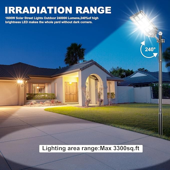 1-Pack 9500W Solar Street Light, Solar Street Lights Outdoor Waterproof, 240000LM 7000K Solar Powered Street Light, Dusk to Dawn, with Motion Sensor, LED Wide Angle Lamp