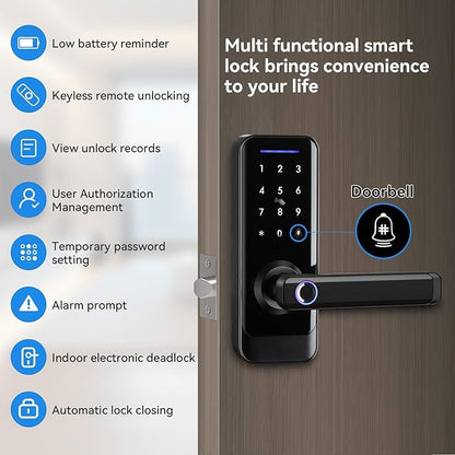 Smart Front Door Lock with Lever Handle, Keyless Entry Keypad Fingerprint Deadbolt, APP Control Biometric Electronic Digital Touchscreen Knob Set