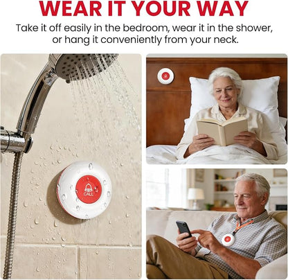 CallToU Wireless Caregiver Pager, 3 Buttons, 2 Portable + 1 Plug-in | Help for Seniors at Home; Dual Battery Vibration Alerts; Outlet Sound/Flash Chime; Bedside, Bathroom & Multi-Room Use