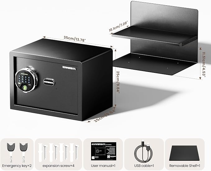 KornerBatl 20 lb Biometric Safe with Fingerprint Lock & LED Light | 30 Fingerprint Storage, PIN Code Access, Backlit Keypad, Silent Entry, Type-C Emergency Power & Removable Shelf