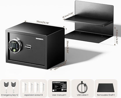 KornerBatl 20 lb Biometric Safe with Fingerprint Lock & LED Light | 30 Fingerprint Storage, PIN Code Access, Backlit Keypad, Silent Entry, Type-C Emergency Power & Removable Shelf