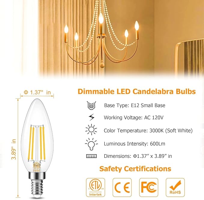 Cotanic E12 LED Bulb Dimmable 3000K Soft White, LED Candelabra Bulbs 60Watt Equivalent, Small Base Type B Light Bulbs, Candle Shape Chandelier Light Bulbs Clear Glass, 600LM, 24 Pack