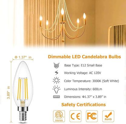 Cotanic E12 LED Bulb Dimmable 3000K Soft White, LED Candelabra Bulbs 60Watt Equivalent, Small Base Type B Light Bulbs, Candle Shape Chandelier Light Bulbs Clear Glass, 600LM, 24 Pack