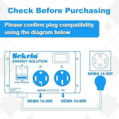 Smart EV Charging Integration: Sekelo Automatic Power Switch for Dryer & EV, NEMA 14-30P to 14-30R & 14-50R, 240V, 24A 5.76kW Max Power Splitter, Fast Charging, Real-time Display