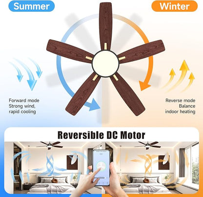 Roomratv 52 Inch Smart Ceiling Fan Compatible with App/Alexa/Google home | Black Gold,Beep-Off Function,Ultra Quiet,Bright and Dimmable Led Light,Energy saving,Reversible,Remote Control