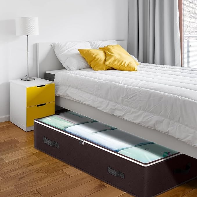 Budding Joy 6 Pack 90L Under bed Storage Containers Organizer Large Capacity Underbed Clothes Storage Bins Organization and Storage Bedroom Foldable Storage Bags with Clear Window Brown