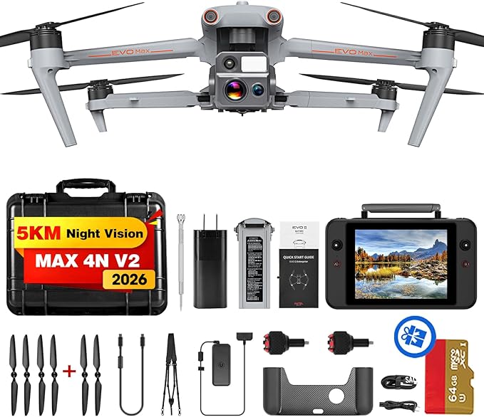 Autel Robotics EVO MAX 4N V2, Starlight Night-Vision/ Wide/ Thermal/ L~aser 4 Cameras in One UAV, Upgrade of MAX 4T V2/ 4N, 5KM Night Vision Observation, A-Mesh 1.0, 720° Obstacle Avoidance, Triple Anti-Jamming, Hot-Swappable, 42 Mins, IP43, Autel SDK