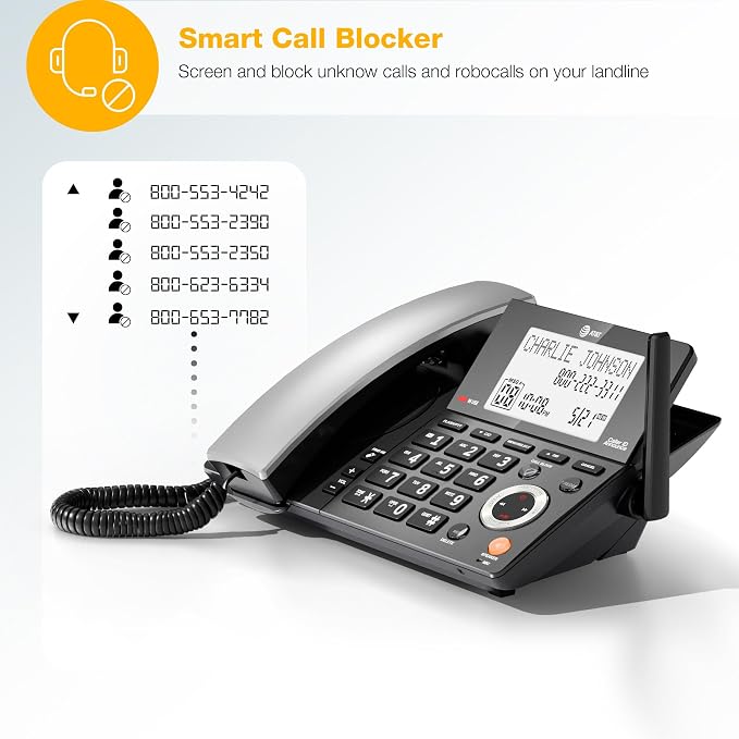 AT&T CL84118 DECT 6.0 Corded/Cordless Phone | Works During Power Outages, Smart Call Blocker, Answering Machine, Caller ID Announce, Big Buttons
