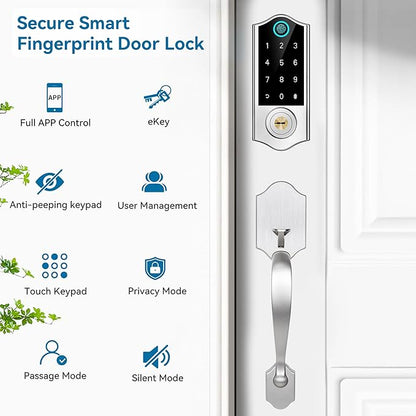 Harfo Fingerprint Smart Door Lock for Front Door with Handle Set, App Control, Keyless Entry Keyless Deadbolt, Digital Electronic Touchscreen Keypad, Auto Lock, Satin Nickel