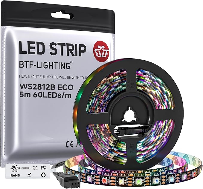 BTF-LIGHTING WS2812B ECO RGB LED Strip,UL Listed,Individually Addressable,16.4FT 60LED/m 300Pixel DC5V 5050SMD,Alloy Wire Flexible 3M Tape for DIY Chasing Color Project IP30(No Adapter or Controller)