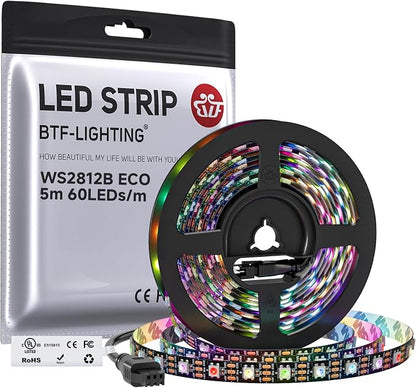 BTF-LIGHTING WS2812B ECO RGB LED Strip,UL Listed,Individually Addressable,16.4FT 60LED/m 300Pixel DC5V 5050SMD,Alloy Wire Flexible 3M Tape for DIY Chasing Color Project IP30(No Adapter or Controller)