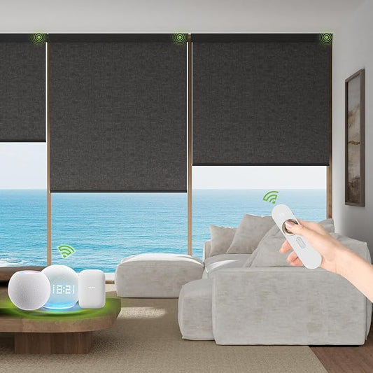 Motorized Blinds with Remote，100% Blackout Smart Blinds Motorized Roller Shades Compatible with Alexa Automatic Blinds for Windows Electric Window Blinds Customized Size Dark Gray Mist