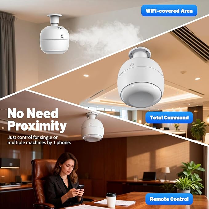 Waterless Diffuser 3500 Sq.Ft Coverage for Large Home Hotel Office, Ceiling-Mounted Cold Air Scent Machine for Aromathrapy, Bluetooth App Control, No-Noise Aroma Diffuser Ceiling-Mounted