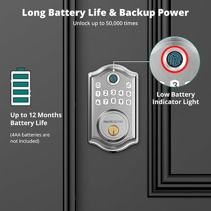 AkaGear Keyless Entry Door Lock with Fingerprint - Door Locks with 2 Keys, Electronic Keypad Deadbolt, Smart Door Locks, Smart Locks for Front Door, Auto-Lock & One Touch Locking - Satin Nickel