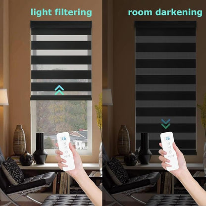 MING CHEN Motorized Blinds with Remote, Built-in Rechargeable Motor Smart Automatic Window Shades, Custom Size Electric Zebra Blinds Compatible with Alexa Google (100% Shading Black)