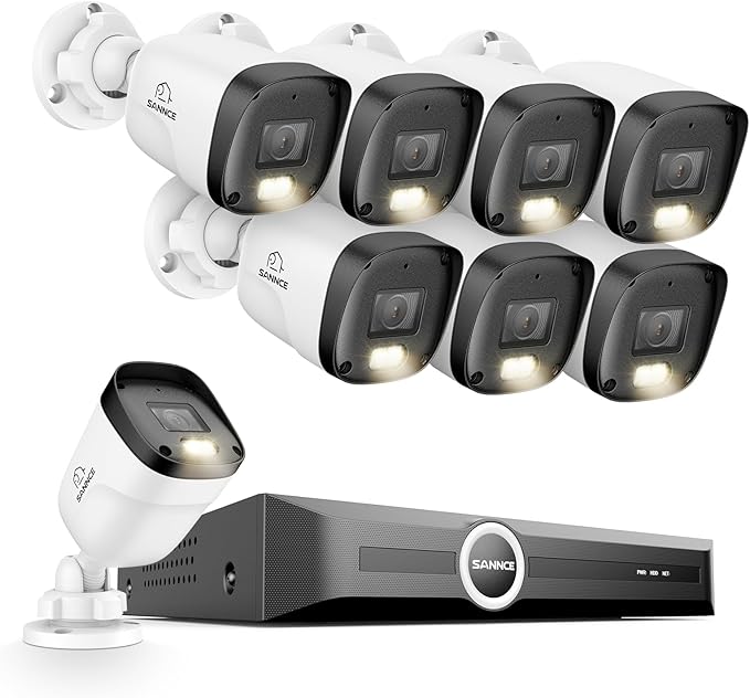SANNCE 2K 3MP PoE Security Camera System - 8CH 6MP Surveillance NVR with 8PCS 3MP HD Clear Full Color Night Vision Bullet Cameras, IP67 Weatherproof, Audio Recording (Without HDD)