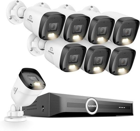SANNCE 2K 3MP PoE Security Camera System - 8CH 6MP Surveillance NVR with 8PCS 3MP HD Clear Full Color Night Vision Bullet Cameras, IP67 Weatherproof, Audio Recording (Without HDD)