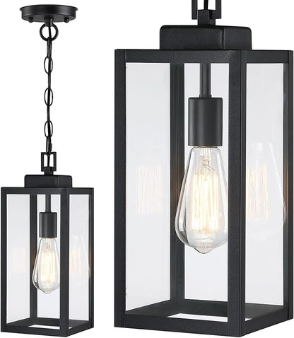 15'' Outdoor Pendant Light, Modern Outside Chandelier Outdoor Hanging Lantern Light, Matte Black with Clear Glass, Exterior Pendant Lighting Fixture Ceiling Mount for Porch, Entryway, Gazebo, 1Pack