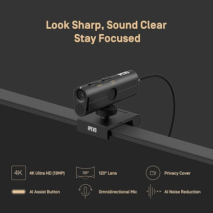 IPEVO VurboCam 4K Vurbo.ai-Powered Webcam, Ultra HD 13MP USB Camera for PC/Mac, AI Meeting Notes, Real-Time Translation, Noise Reduction Mic, Plug-and-Play for Zoom, Teams