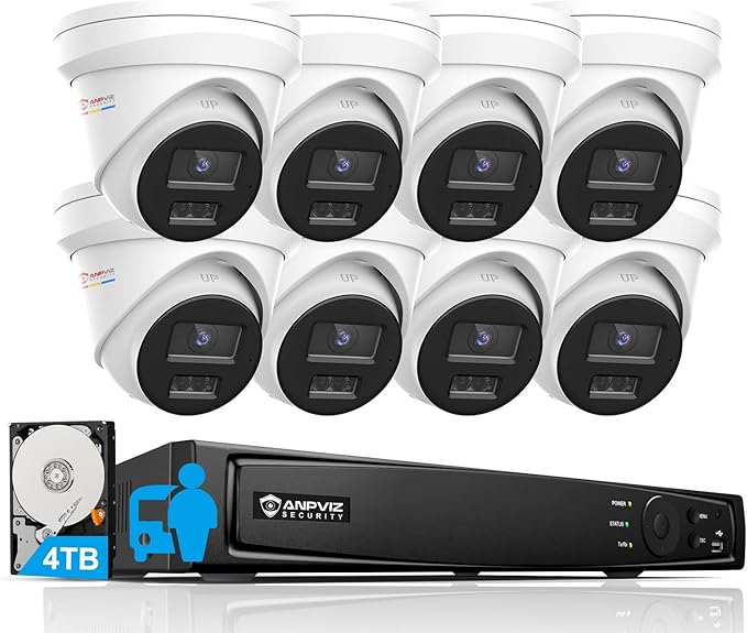 Anpviz 4K 16CH PoE Security Camera System, Smart Color Night Vision, 8X H.265+ Wired 8MP IP Cameras Outdoor with Mic, Human Vehicle Detection, 4TB HDD 16 Channel 12MP NVR, 24/7 Recording(H Series) ﻿﻿