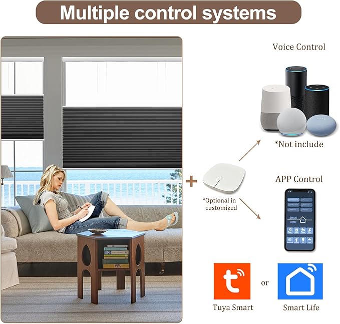 Godark Motorized TDBU Cellular Shades with Remote Control Smart Honeycomb Blinds Compatible with Alexa Google Home Smarthings Custom Double Cellular Blackout for Indoor Windows Doors-Black