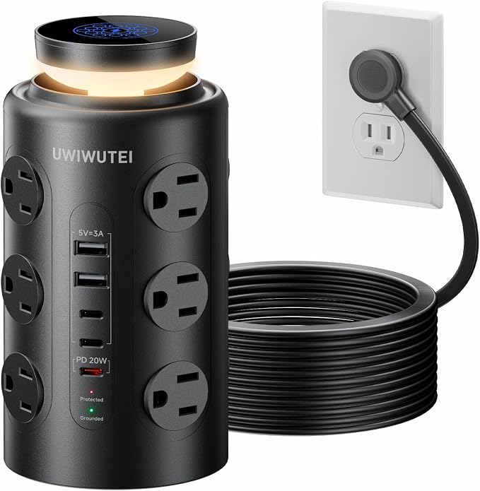 Tower Power Strip with Night Light,PD20W USB C Power Strip Tower with Multiple Outlets, 12 Outlets,5 USB Ports (3 USB-C), 6FT Extension Cord Desk Charging Station for Home,Office,Dorm Essentials,Black