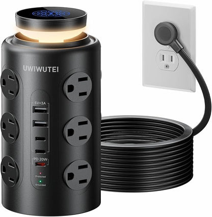 Tower Power Strip with Night Light,PD20W USB C Power Strip Tower with Multiple Outlets, 12 Outlets,5 USB Ports (3 USB-C), 6FT Extension Cord Desk Charging Station for Home,Office,Dorm Essentials,Black