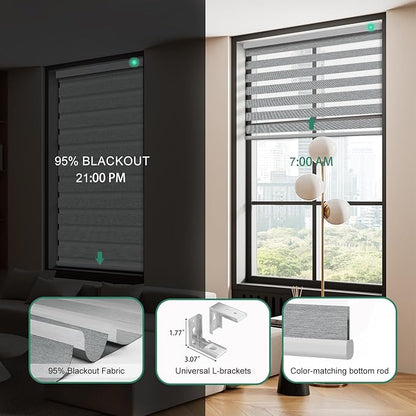 Motorized Zebra Blinds with Remote, Work with HomeKit Alexa Automatic Electric Window Shades 95% Blackout Light Filtering for Smart Home and Office, Customized Size Modern Silver