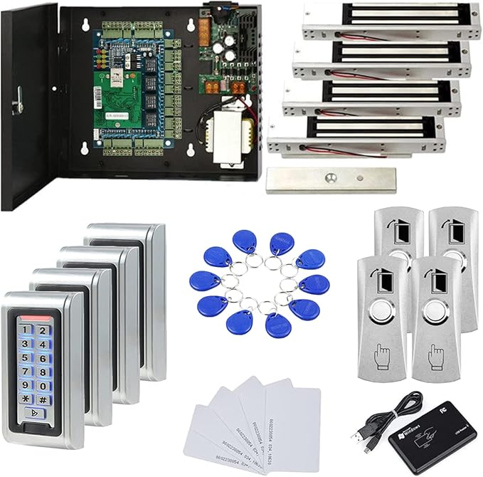 Water Proof Metal Keypad Reader 4 Doors Access Control Kit Outdoor Install Magnetic Lock 110V Power Box RFID Cards/Key Fob(Phone APP remotely Open Door)