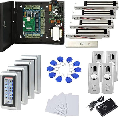 Water Proof Metal Keypad Reader 4 Doors Access Control Kit Outdoor Install Magnetic Lock 110V Power Box RFID Cards/Key Fob(Phone APP remotely Open Door)