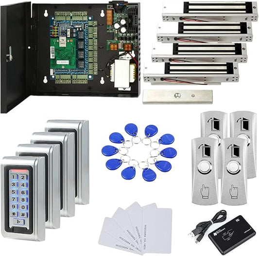 Water Proof Metal Keypad Reader 4 Doors Access Control Kit Outdoor Install Magnetic Lock 110V Power Box RFID Cards/Key Fob(Phone APP remotely Open Door)