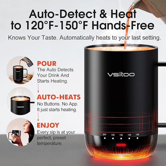 Vsitoo S3 Pro 16oz Smart Self Heating Coffee Mug,Heated Coffee Mug with Auto-Sensing AI Heats Drinks to 120-150°F Hands-Free.Perfect for Home/Office,Ideal Gift fo Men/Women, Black
