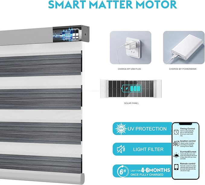 Motorized Zebra Blinds with Remote Smart Blind Work with Homekit Alexa SmartThings Electric Day and Night Shade Cordless Automatic Solar Powered Window Shade Customize(Wooden Texture Grey)
