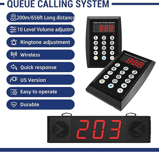 Wireless Queue Calling System with Voice Broadcast Three-Digit Screen, Remote Control Keyboard Waiting Number System for Restaurant,Cafe,Hospital,Bank,Home,Bar(Plug in to Use)