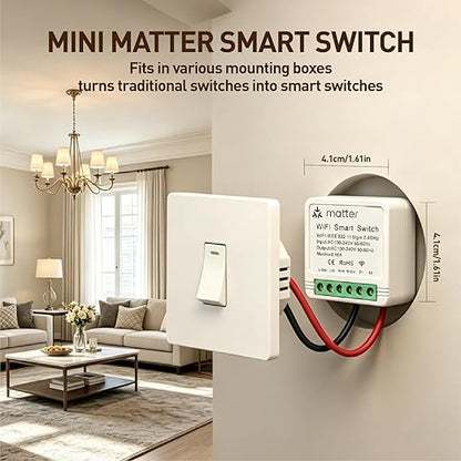 Matter Smart Switch, Smart Light Switch, WiFi Mini DIY Module, eWeLink Web, Flush-Mounted, APP & Voice Control, Smart Switches for Lights Compatible with Apple, Alexa & Google, 1PCS