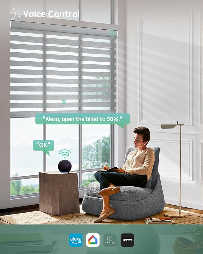 Yoolax Motorized Zebra Blinds Compatible with Alexa,Motorized Blinds with Remote Smart Automatic Custom Electric Window Blinds Cordless Indoor Light Filtering for Home Bedroom Kitchen (Sheer Gray)