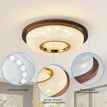 Modern LED Flush Mount Ceiling Light Fixture with Peach Wood Frame Lampshade,Round Ceiling Lights for Bedroom,Hallway and Porch,Farmhouse Ceiling Lamp with 18W 4000K Light Color,12 inch