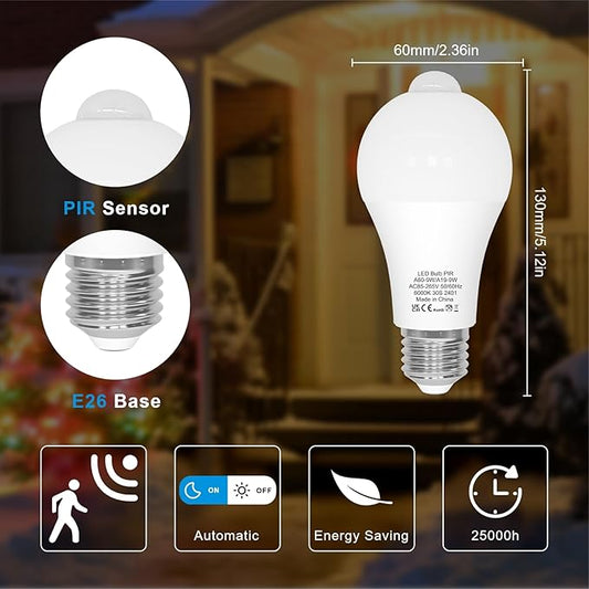 ORALUCE Motion Sensor Light Bulbs Indoor Outdoor 60 watt Equivalent, A19 E26 9W Motion Activated LED Bulb 6000K Cool White, Motion Sensor Light for Garage, Closet, Porch, Stairs, 2 Pack
