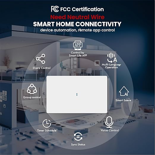 Smart Light Switch Need Neutral Wire,FCC Certified,2.4GHz WiFi Push Button Switch Compatible with Alexa,APP Control Compatible with Tuya/Smart Life,White 1 Gang