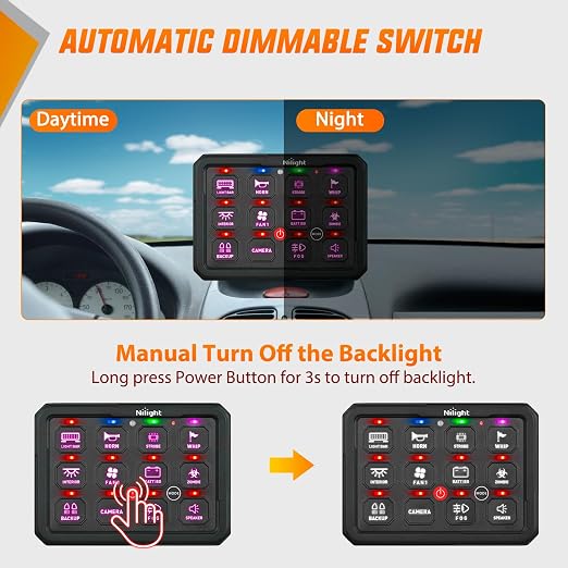 Nilight 12 Gang Switch Panel APP RGB 12V 24V Circuit Control System 4-Mode | Fuse Wiring Harness Automatic Dimmable LED Pod Toggle/Momentary/Strobe/Flash Modes for Car Pickup Truck Camper SUV