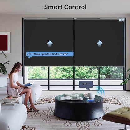 Motorized Coupled Shades, Blackout Smart Blinds for Large Windows Automatic Blinds Compatible with Alexa, Motorized Roller Shades Customized for Bedroom Home Office(Blackout-Vinyl Black)