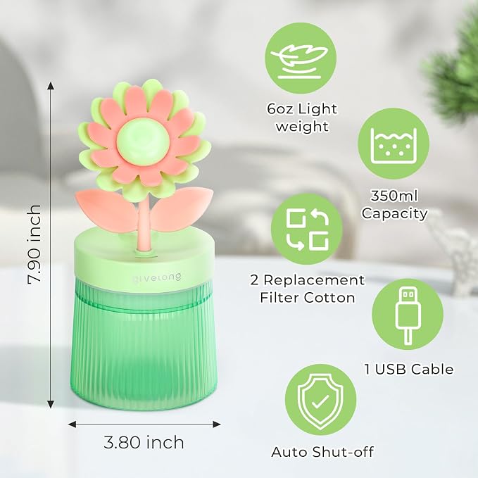 Cute Flower Mini Humidifier, Small Cool Mist Desk Humidifiers, Portable USB Personal Desktop Plant Humidifiers, Cooling for Home Office Car Travel Indoor Outdoor (260ml, Green Sunflower)