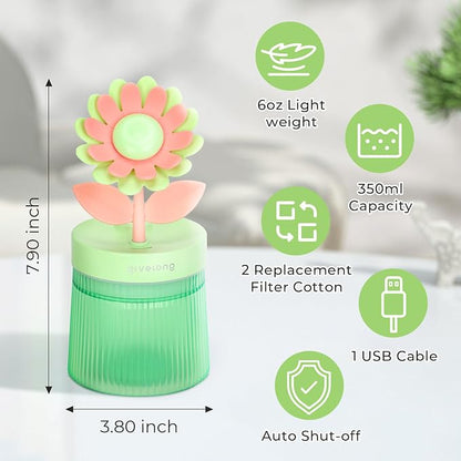 Cute Flower Mini Humidifier, Small Cool Mist Desk Humidifiers, Portable USB Personal Desktop Plant Humidifiers, Cooling for Home Office Car Travel Indoor Outdoor (260ml, Green Sunflower)