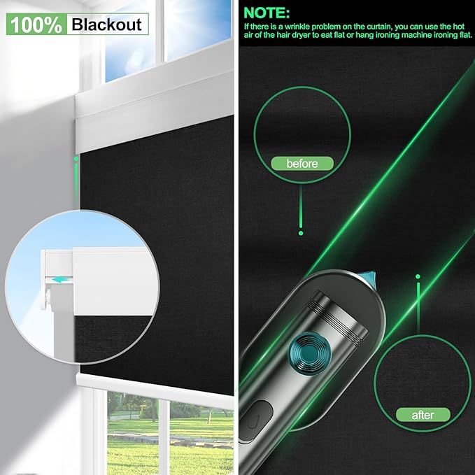 Motorized Blinds with Remote Control, Blackout Roller Shades, Custom Smart Blinds with Valance, Cordless Electric Window Blinds & Automatic Shades (Black,35" Wx72 H)