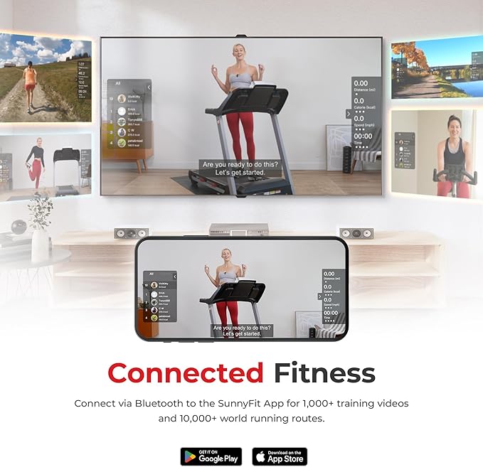 Sunny Health & Fitness Exercise Treadmills Double Deck Sizes and Incline Features with Bluetooth & SunnyFit App